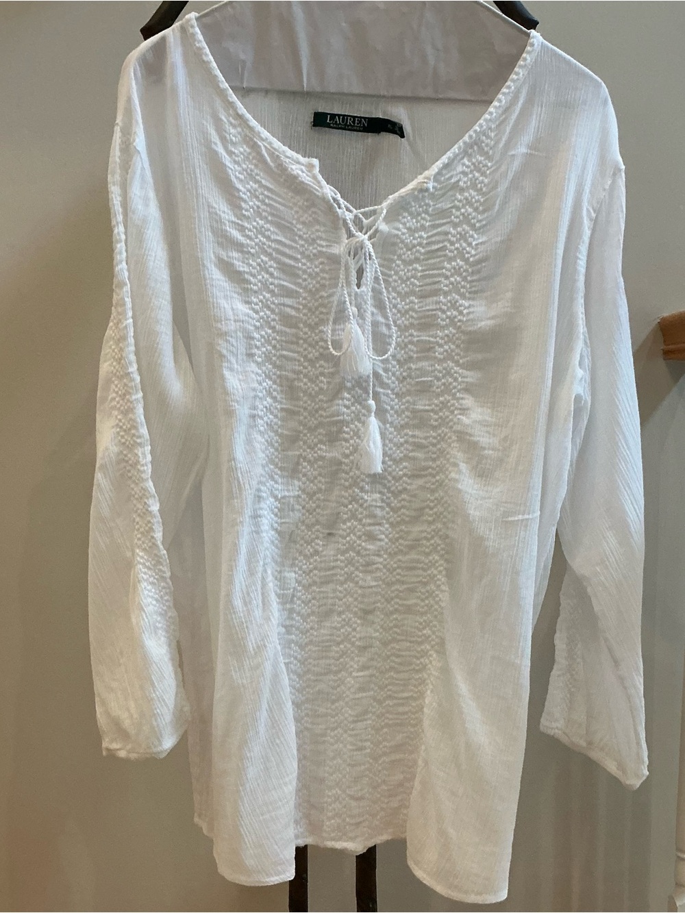 Ralph Lauren White Lace-Up Textured Peasant Tunic